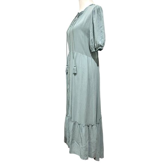 Lovestitch Dress Button Front Midi Blue Boho Linen Blend Puff Sleeves Sz Large - Picture 8 of 12